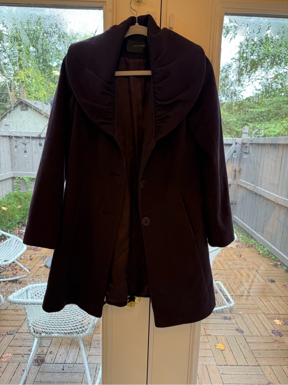 Tahari Deep Eggplant Wool-Blend Pea Coat with Shawl Collar